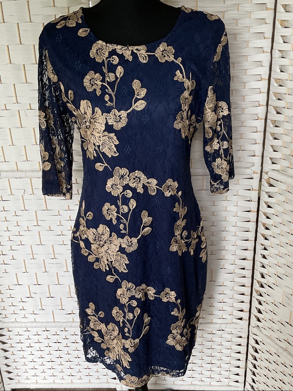Olivia Matthews Navy Lace Midi Dress with Gold Floral Appliqué Dress